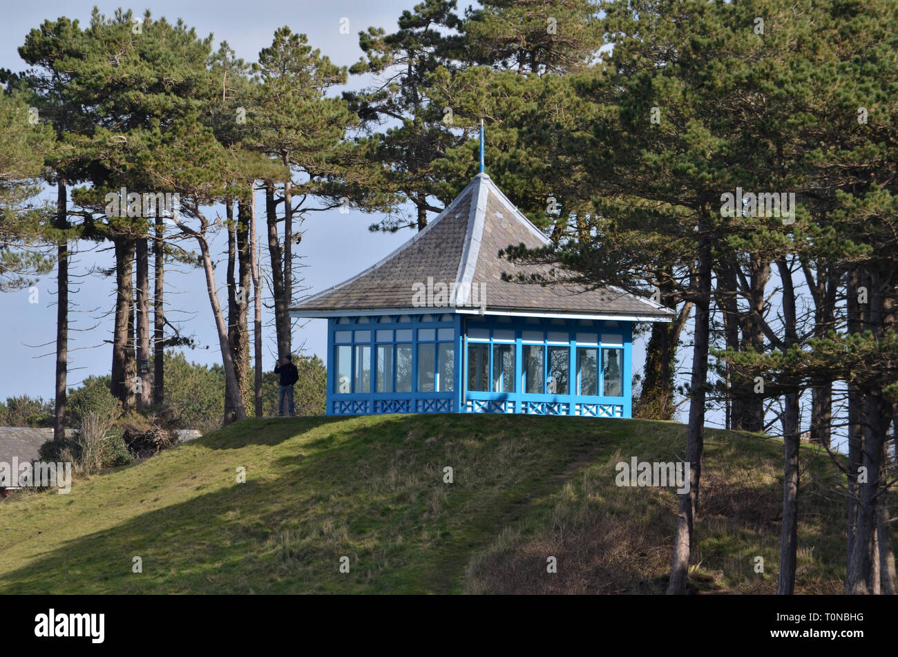 Refurbished Victorian pagoda,constructed in the 1850s, is a dramatic building sitting on the top of a grassy mound overlooking the Solway Firth Stock Photo