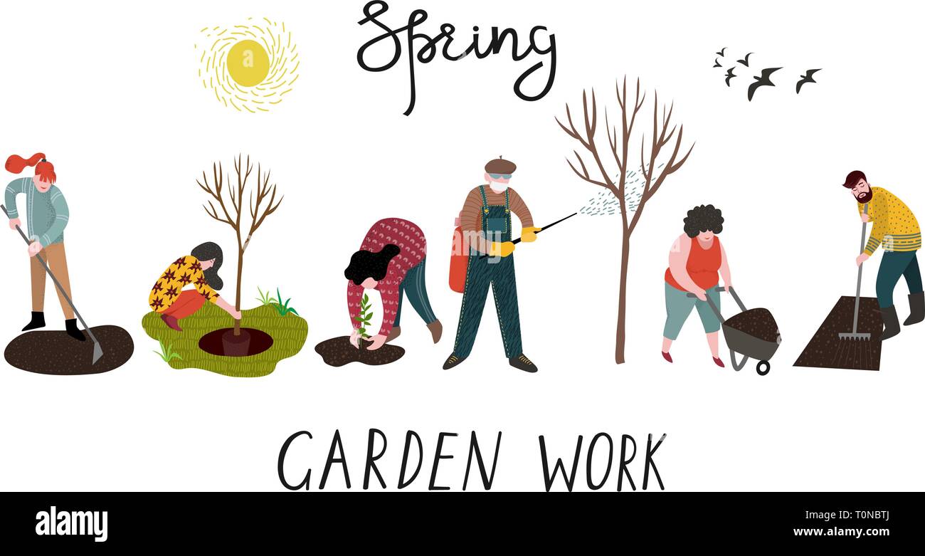 Set of isolated people working in the garden over planting, developing the land and treating trees from pests. Vector Stock Vector