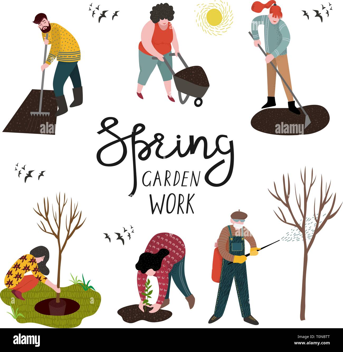 Set of isolated people working in the garden over planting, developing the land and treating trees from pests. Vector Stock Vector
