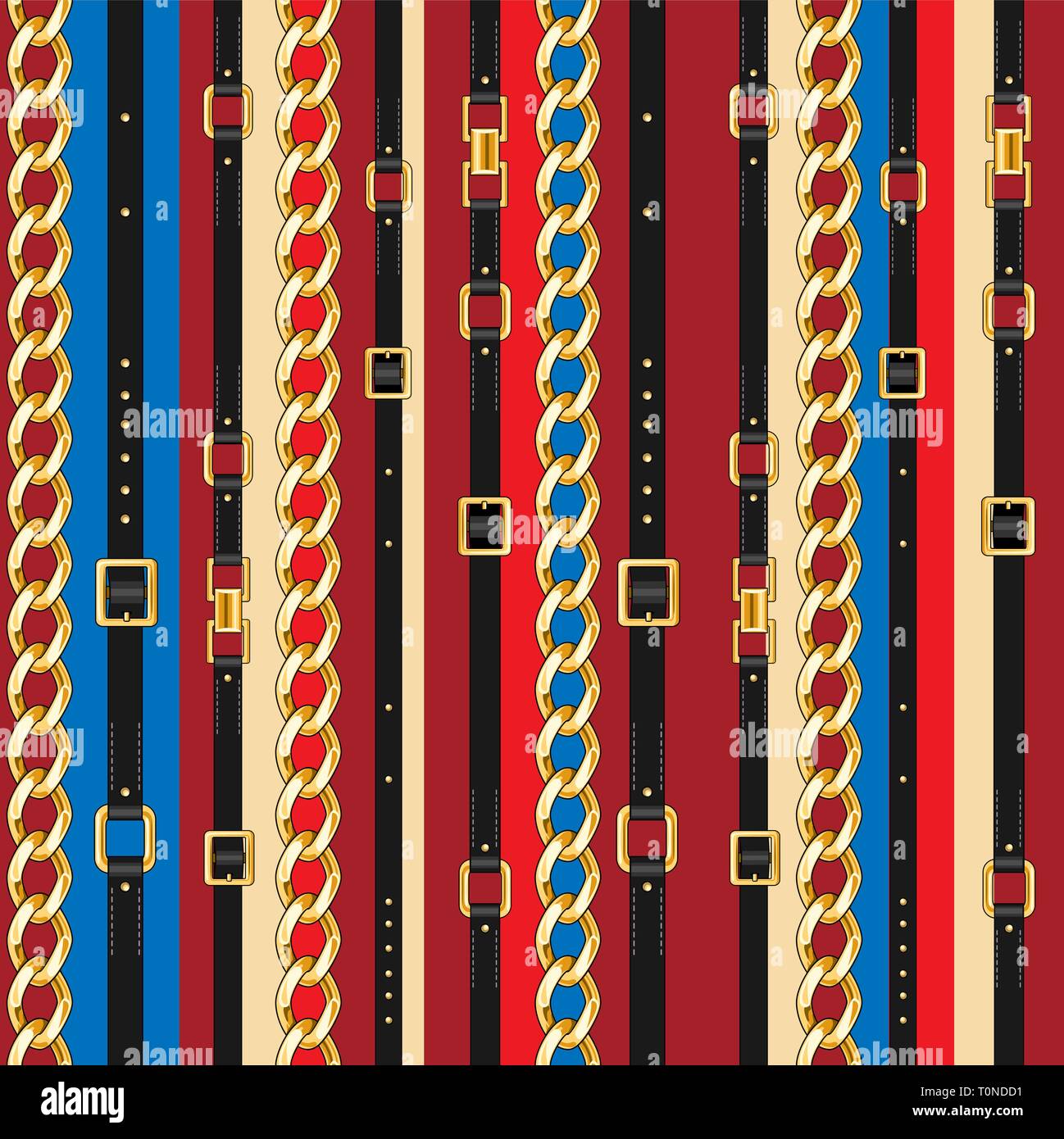 Abctract seamless pattern with belts and chain on striped for fabric. Trendy repeating print. Stock Vector