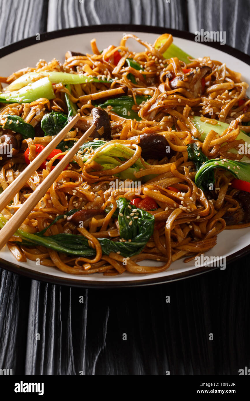 Chinese udon noodles with bok choy, shiitake mushrooms and pepper close