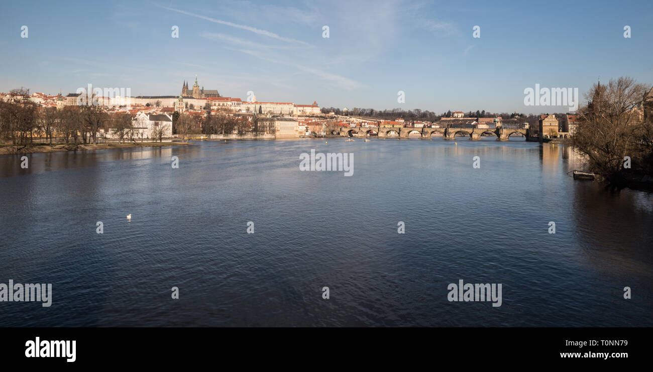 Vltava river, Karluv most bridge and Hradcany with Prazsky hrad castle from Most Legii bridge in Prague city in Czech republic Stock Photo