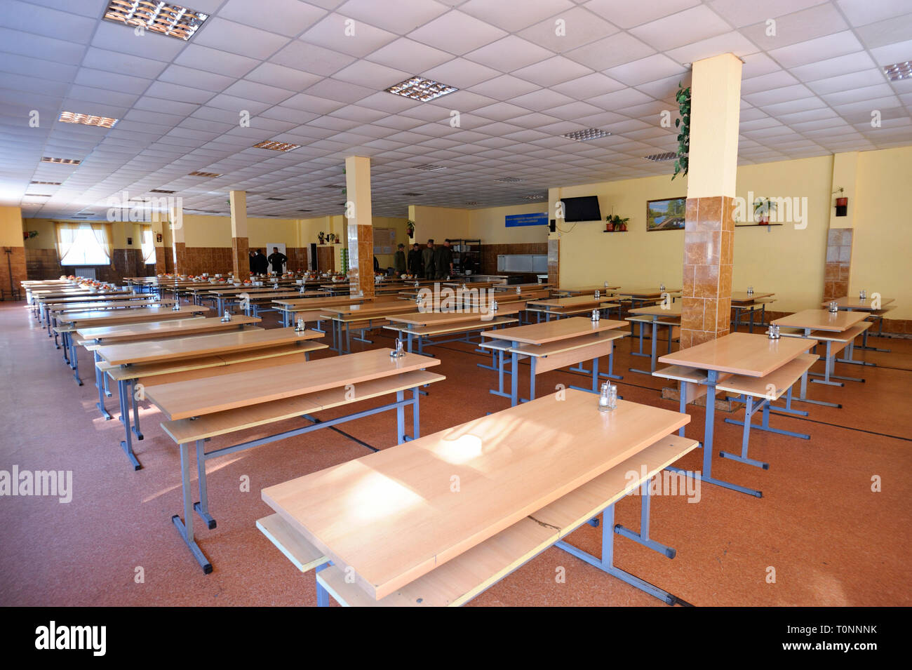 Interior of the Ukrainian army chow hall. Novo-Petrivtsi military base, Ukraine. November 12, 2018 Stock Photo