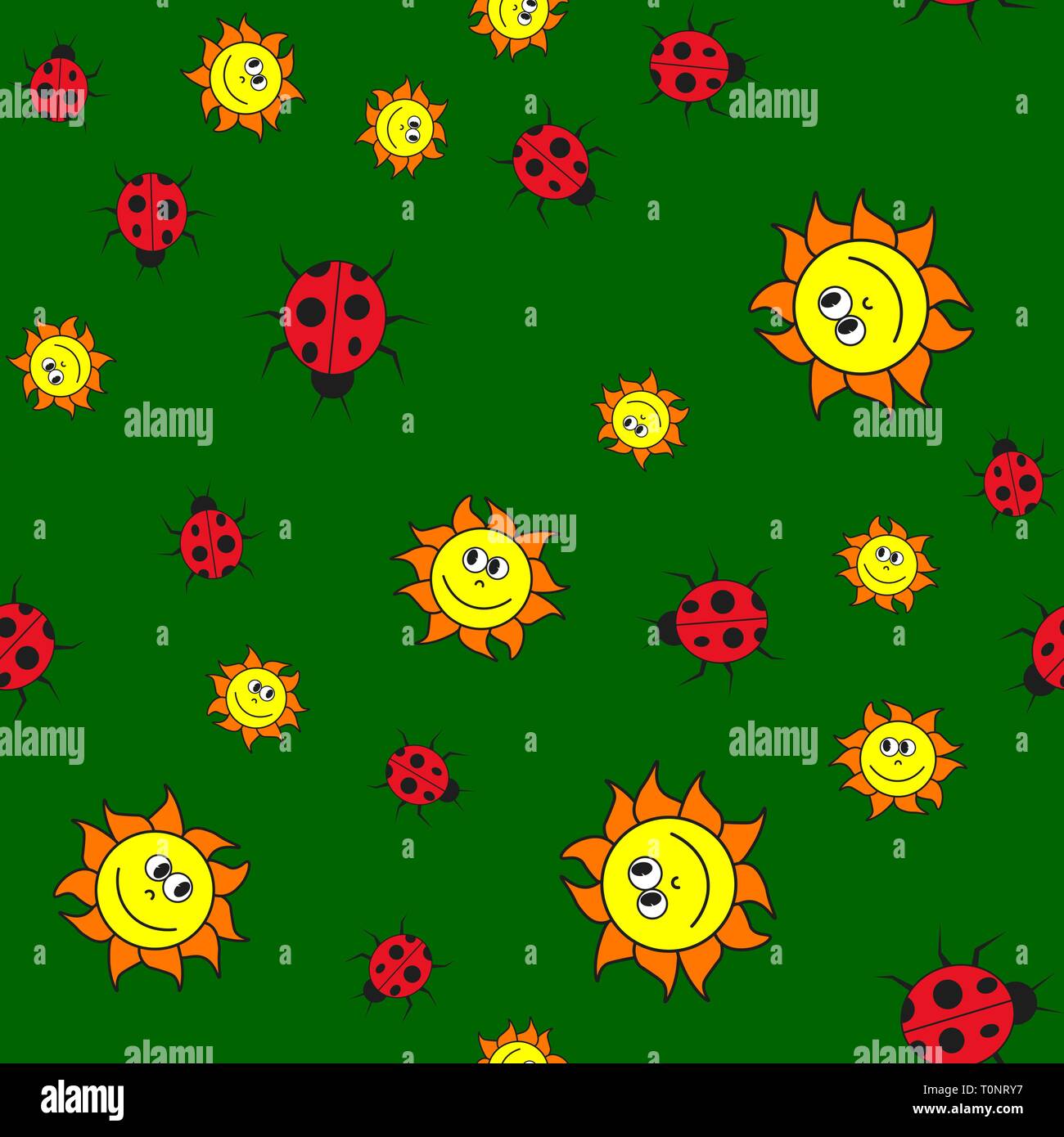 Seamless pattern of ladybugs and suns in in cartoon style. On color background, vector illustration. Stock Vector