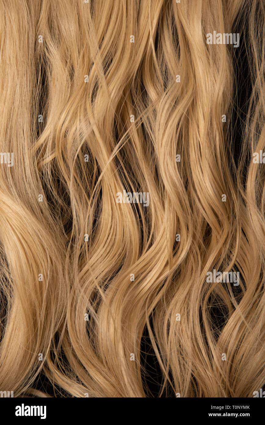 blond auburn long curly hair from the back, slightly wet and wavy. hair extensions style cut and colored in a flow hanging down. beauty high fashion. Stock Photo