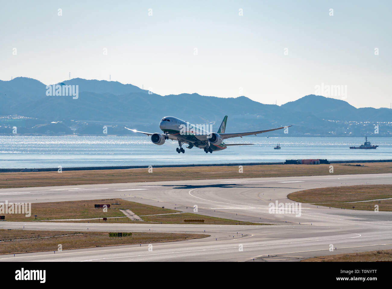 OSAKA, JAPAN - JAN. 4, 2019: EVA air Boeing 787-9 taking off from the Kansai International Airport in Osaka, Japan. Stock Photo
