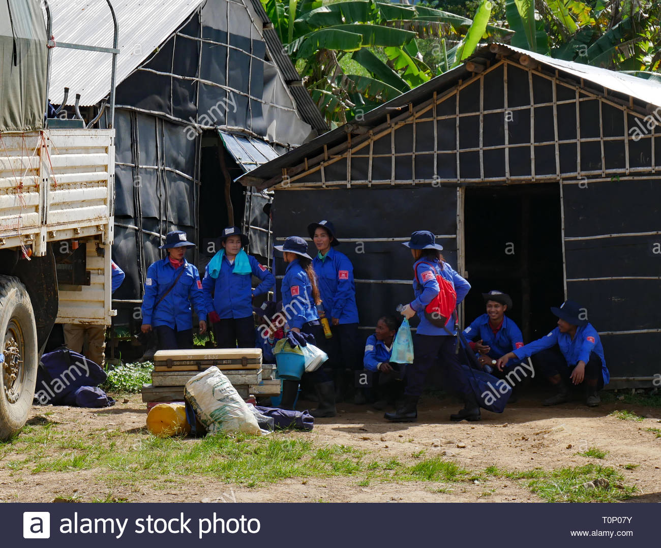 Men and women of the “HALO Trust” at base camp prepare for another mission to clear ground of landmines and UXB’s. Pailin, Cambodia. 01-12-2018 Stock Photo