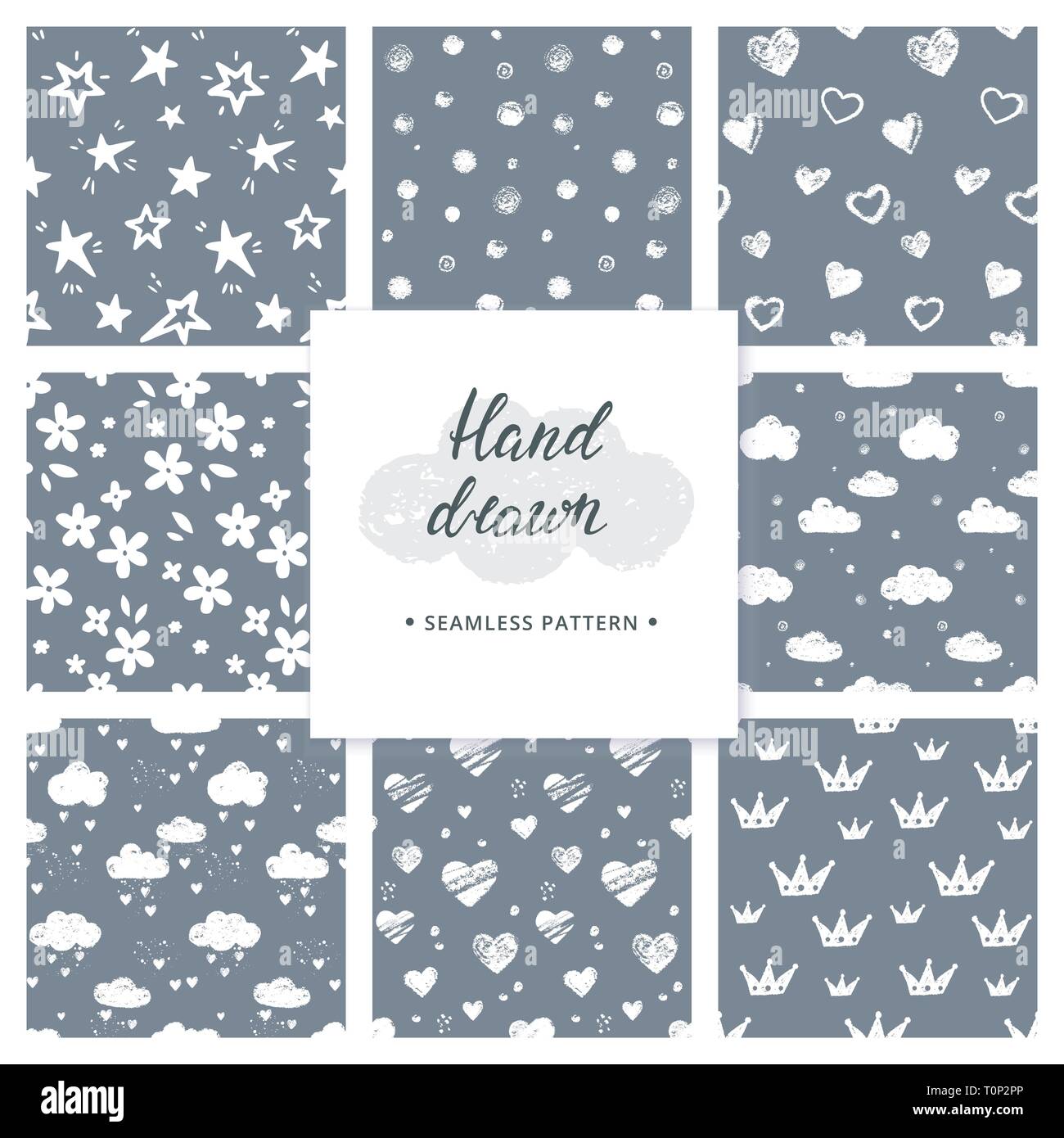 Black and white hand drawn vector set of 8 background seamless patterns ...