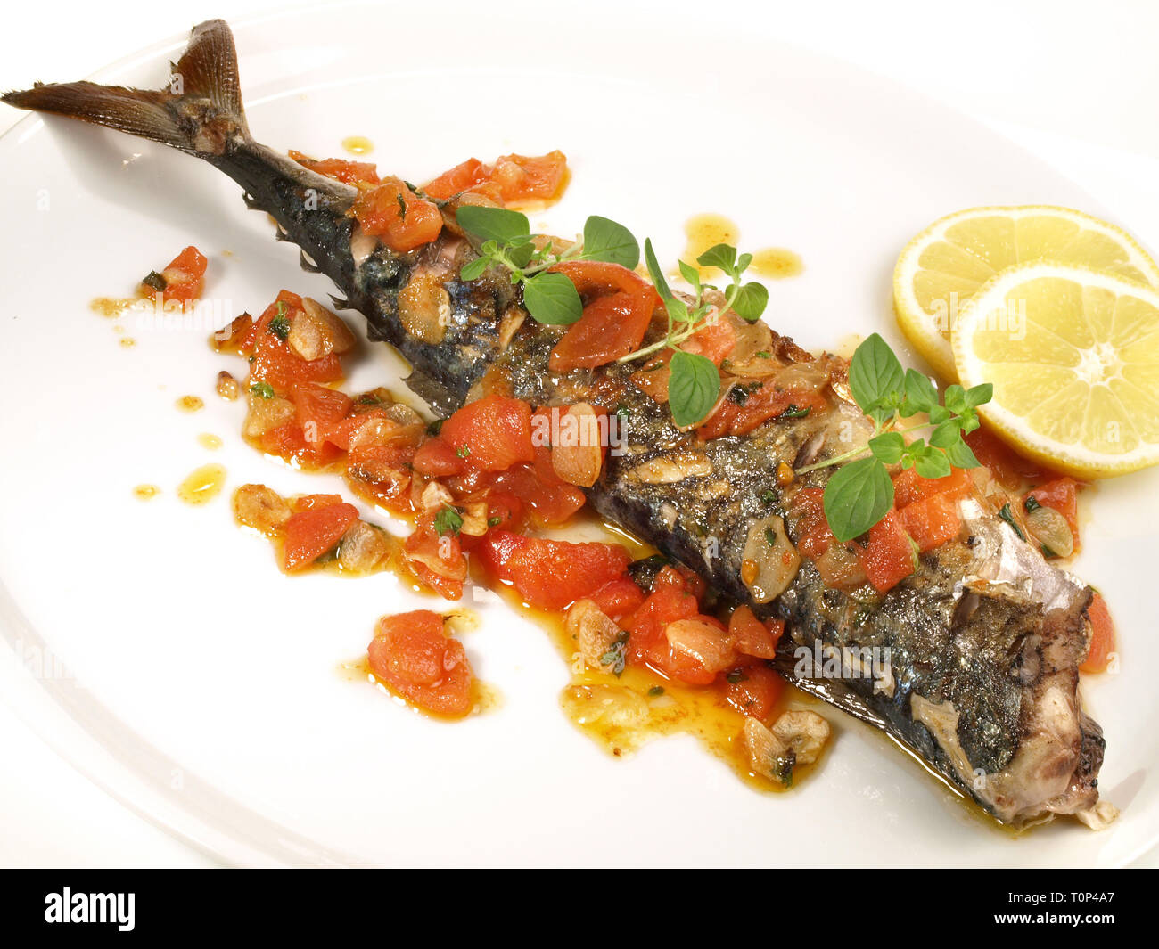 Makerel - Grilled Fish with Tomato Stock Photo
