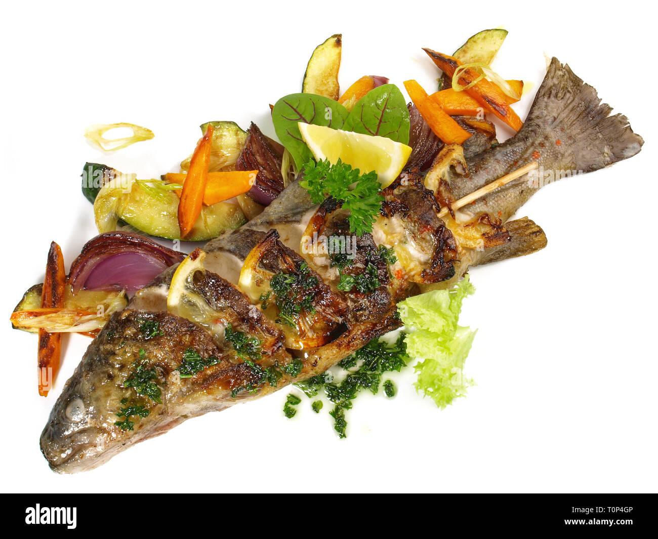 Grilled Fish - Rainbow Trout on white Background Stock Photo