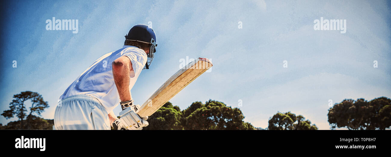 Side view of cricket player batting while playing on field Stock Photo