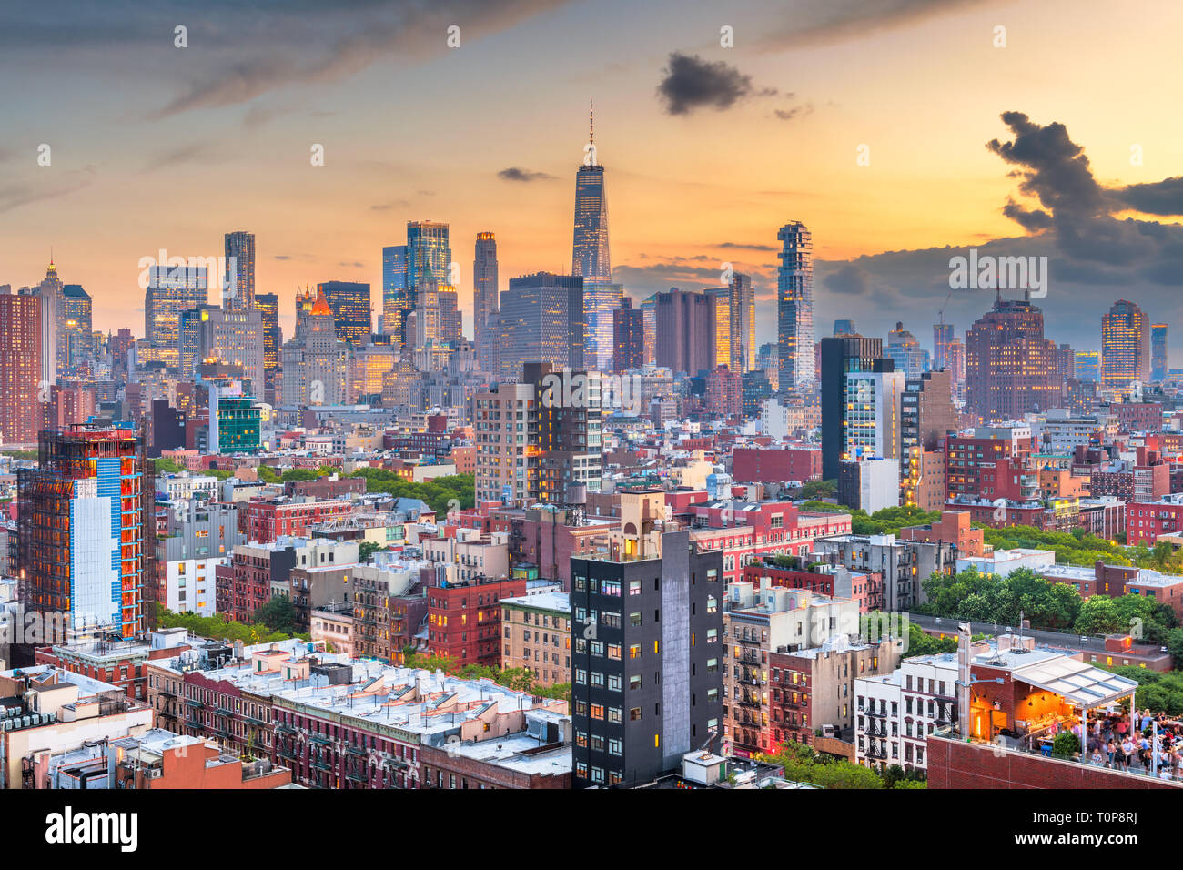 New York, New York, USA downtown city skyline over the Lower East Side at dusk. Stock Photo