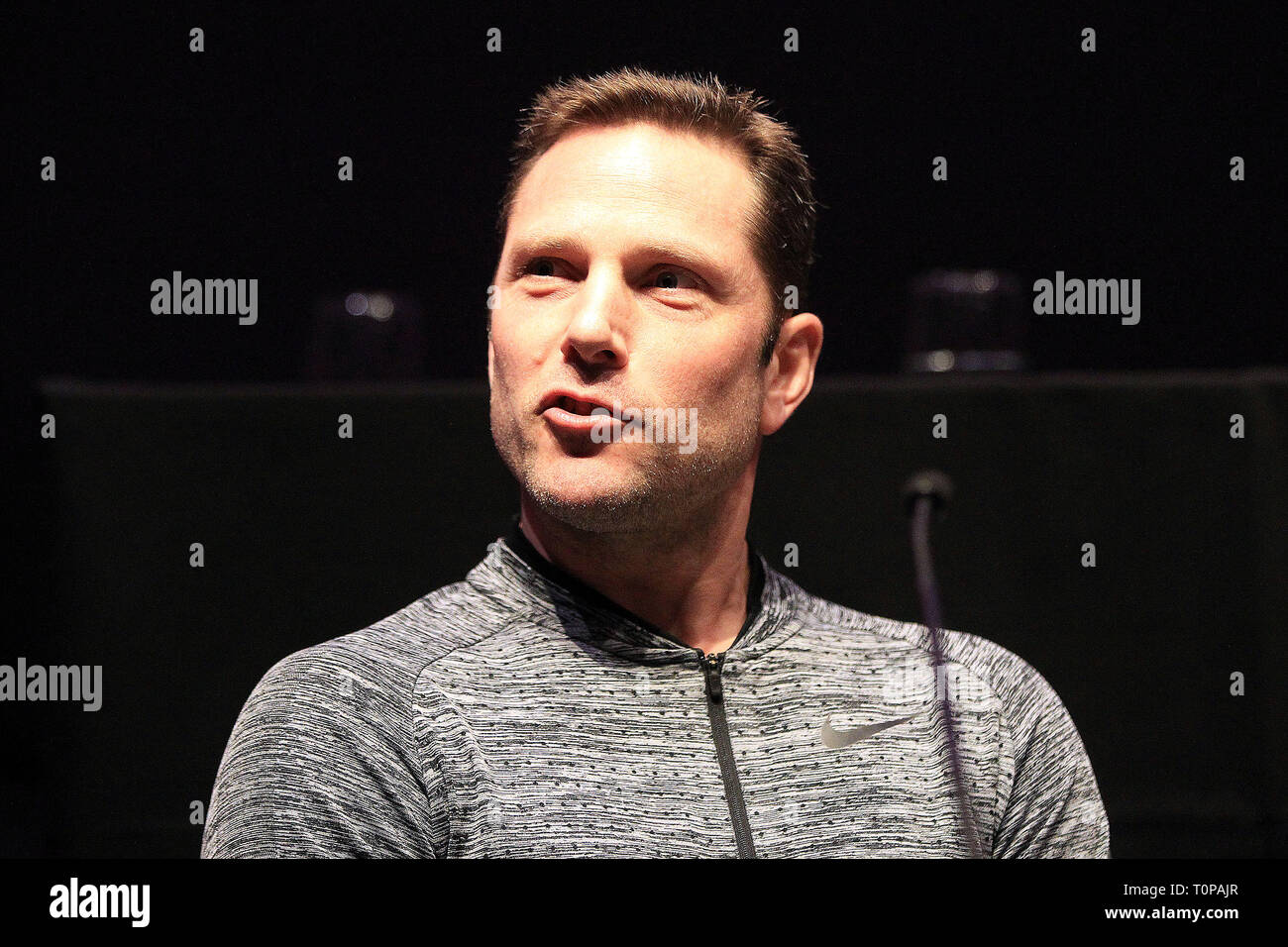 London, UK. 21st Mar, 2019. Laurent Landi of France answers questions during the press conference. press conference for the Superstars of Gymnastics at The Crystal in Royal Victoria Dock, London on Thursday 21st March 2019. the press conference is to preview the Superstars of Gymnastics event which is being held at the O2 in London this weekend. Editorial usage only. picture by Steffan Bowen/Andrew Orchard sports photography/Alamy Live News Credit: Andrew Orchard sports photography/Alamy Live News Stock Photo