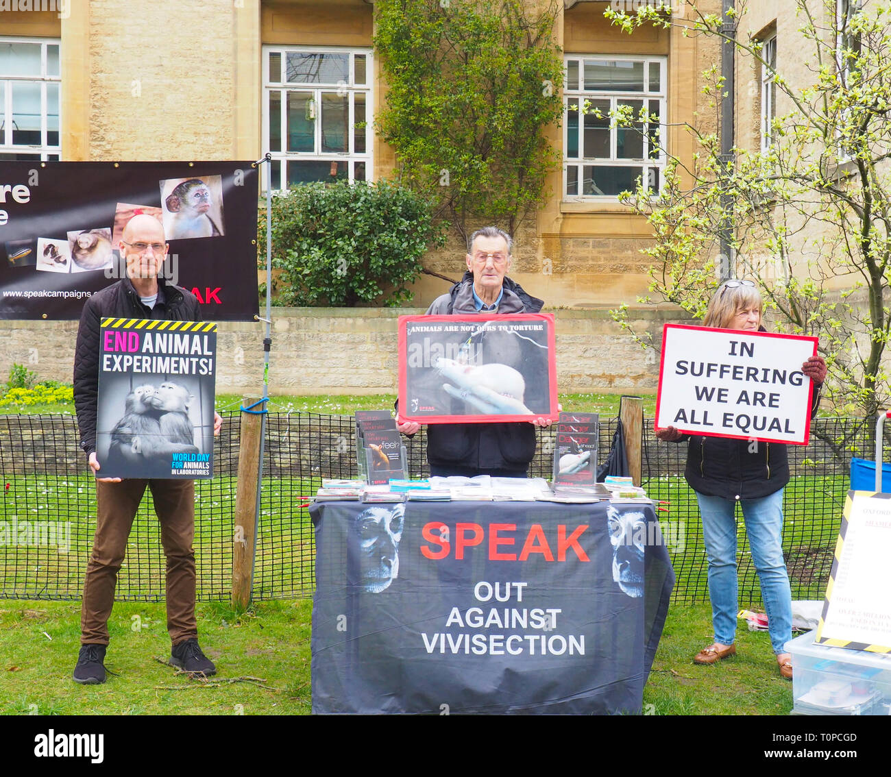 Oxford, UK. 21st Mar 2019. SPEAK animal rights campaigners protesting in  South Parks Road. SPEAK was set up 15 years ago this month to protest  against a new animal testing centre at