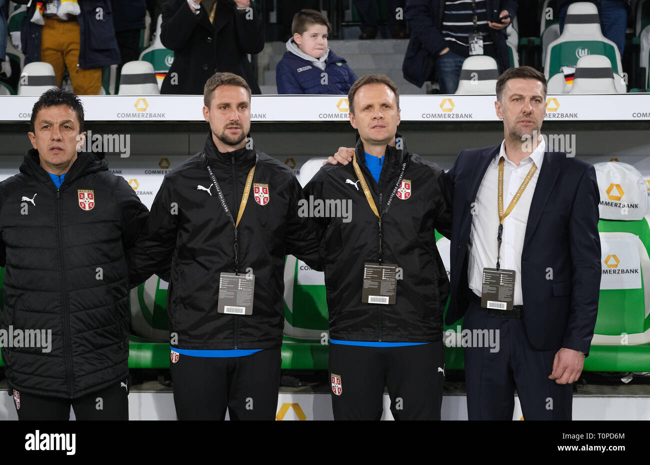 20 March 2019, Lower Saxony, Wolfsburg: Soccer: International match, Germany - Serbia in the Volkswagen Arena. Serbia's coach Mladen Krstajic (r). Photo: Peter Steffen/dpa Stock Photo