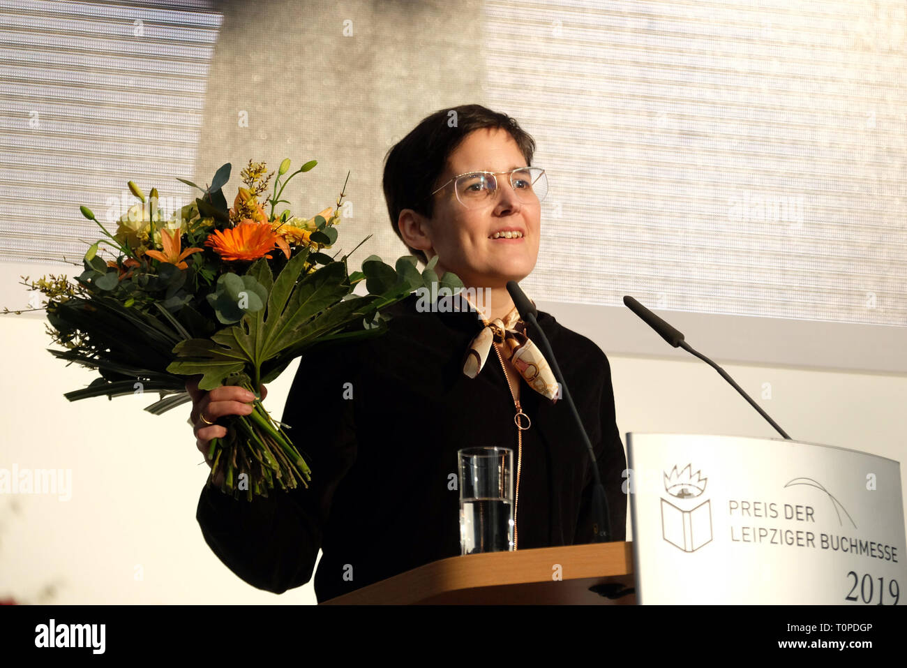 Leipzig, Germany. 21st Mar, 2019. Anke Stelling thanks you for your award. For 'Schäfchen im Trockenen' (Verbrecher Verlag) she won the Leipzig Book Fair Prize in the fiction category. The Book Fair will continue until 24.03.2019. Credit: Sebastian Willnow/dpa-Zentralbild/dpa/Alamy Live News Stock Photo