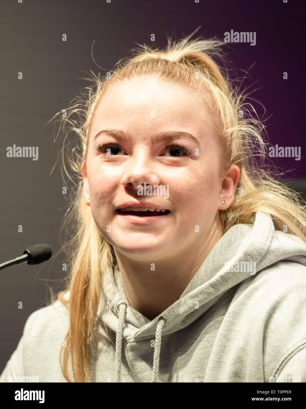 London, UK. 21st Mar, 2019. Halle Hilton during the 2019 Superstars of Gymnastics Press Conference at The Crystal on Thursday, 21 March 2019. LONDON ENGLAND. (Editorial use only, license required for commercial use. No use in betting, games or a single club/league/player publications.) Credit: Taka G Wu/Alamy News Credit: Taka Wu/Alamy Live News Stock Photo