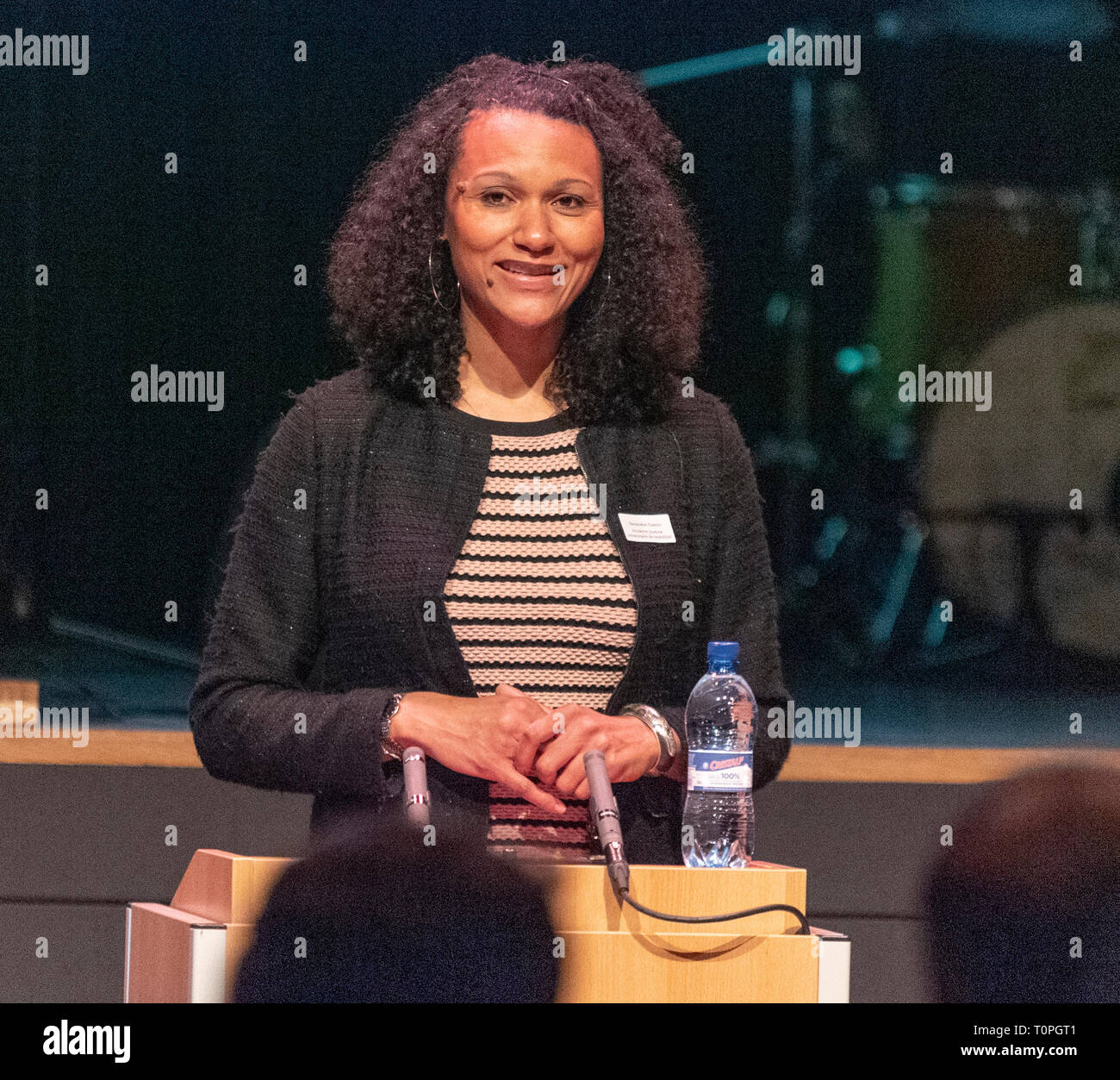 Lausanne, Switzerland. 21st March, 2019. Geneviève Swedor (Former University basketball player in the USA (UC Berkeley) who is testifying at the 13th day of anti-racism action that occurred at the BCV Concert Hall in Lausanne, Switzerland on the 21st March, 2019. Credit: Eric Dubost/Alamy Live News Stock Photo