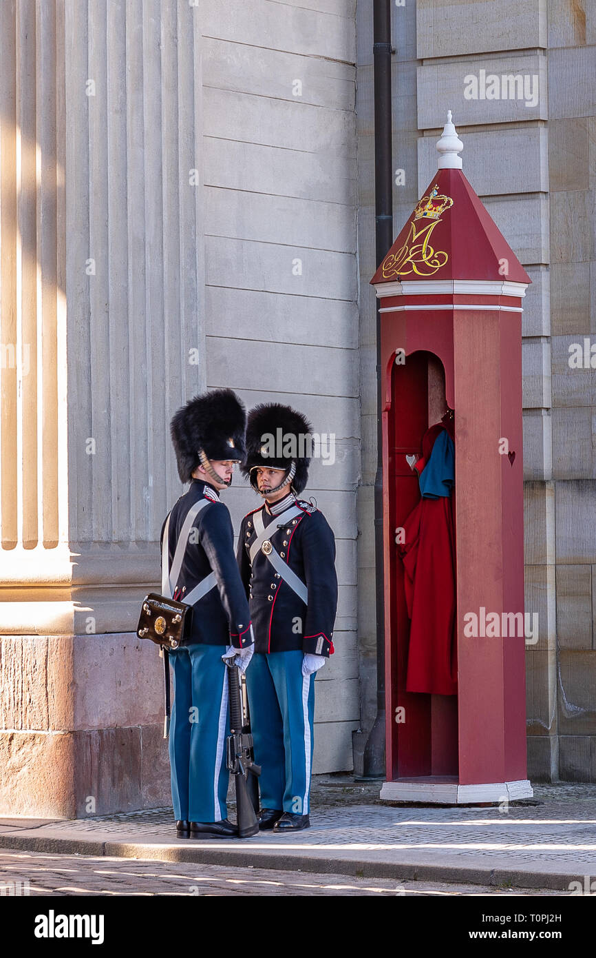 Copenhagen, Denmark - March 19, 2019: the Royal Life Guards (Den Kongelige  Livgarde) march from Rosenborg Castle at 11.30 am daily through the streets  of Copenhagen and execute changing the guard in