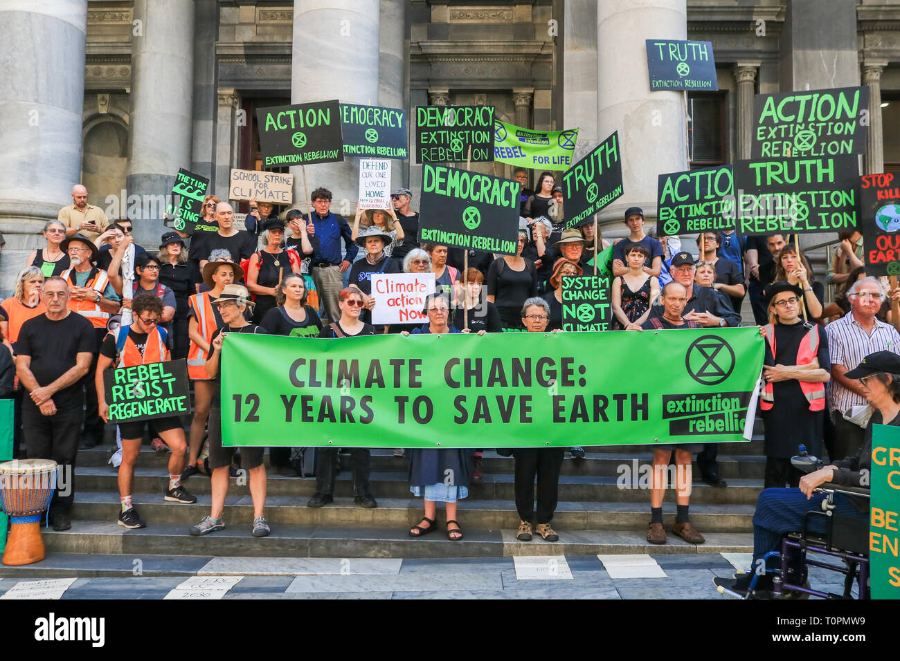 Adelaide Australia. 22nd March 2019. Environmental activists from Extinction Rebellion whose motto is 'Rebel for Life' stage a demonstration outside South Australia Parliament to to call attention to the threats posed to the ecosystem by global warming for the future of the planet to mitigate climate breakdown, halt biodiversity loss, and minimise the risk of human extinction and ecological collapse Credit: amer ghazzal/Alamy Live News Stock Photo