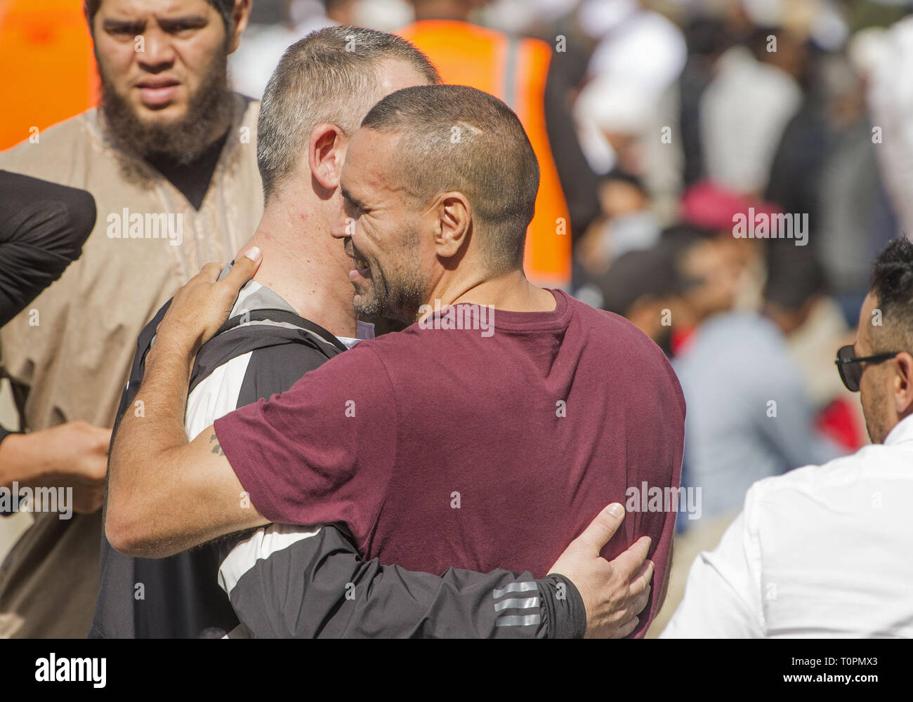 Christchurch, Canterbury, New Zealand. 22nd Mar, 2019. Anthony Mundine, an Australian professional boxer and former rugby league footballer, attends a Call to Prayer service in Hagley Park, across the street from the Al Noor mosque. The event drew thousands of Muslims and other community members. In addition to prayers and a brief talk from the imam of Al Noor, two minutes of silence were observed nationwide in memory of the 50 people slain at the Al Noor and Linwood mosques one week ago. Later in the day, 26 of the victims were scheduled to be buried at Memorial Park Cemetery. (Credit Imag Stock Photo