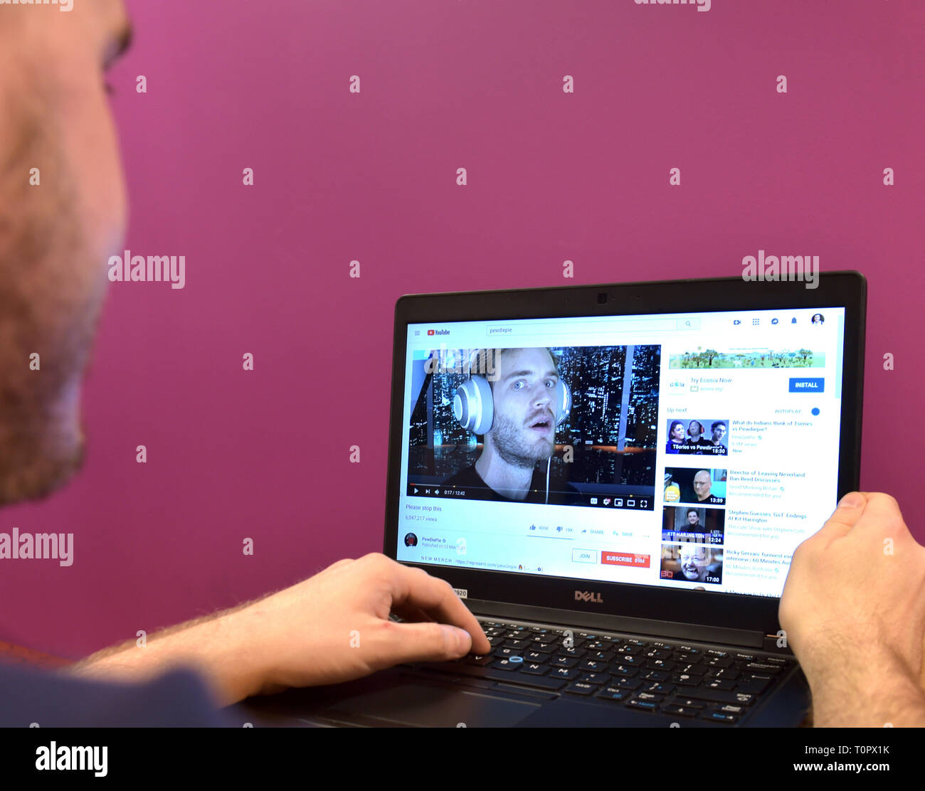 Stock photo of a page from Swedish YouTuber, Felix Kjellberg, known online as PewDiePie, displayed on YouTube displayed on a laptop computer. Stock Photo