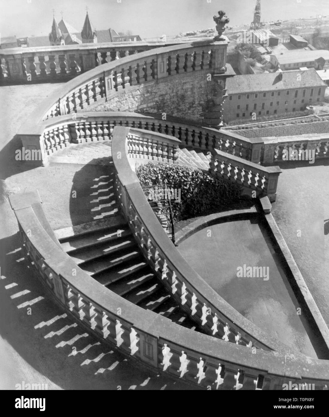 geography / travel, Germany, Wuerzburg, castles, fortress Marienburg, exterior view, Fuerstengarten, stairs, 1950s, Additional-Rights-Clearance-Info-Not-Available Stock Photo