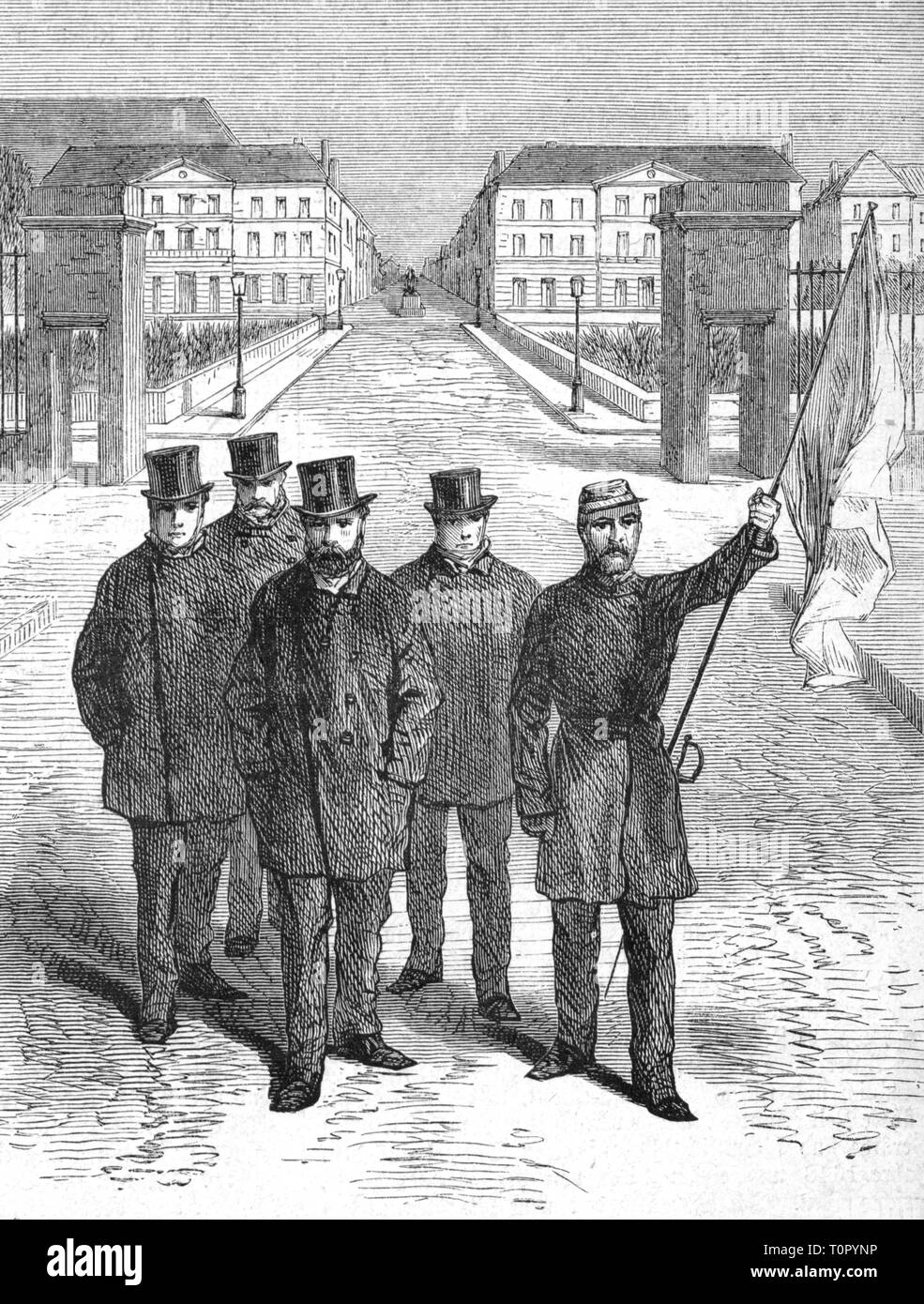 Franco-Prussian War 1870 - 1871, surrender by Tours by the mayor to the German troops, 19.1.1871, contemporary wood engraving, Franco - Prussian War, France, capitulation, flag of truce, 19th century, people, mayor, mayors, historic, historical, Additional-Rights-Clearance-Info-Not-Available Stock Photo