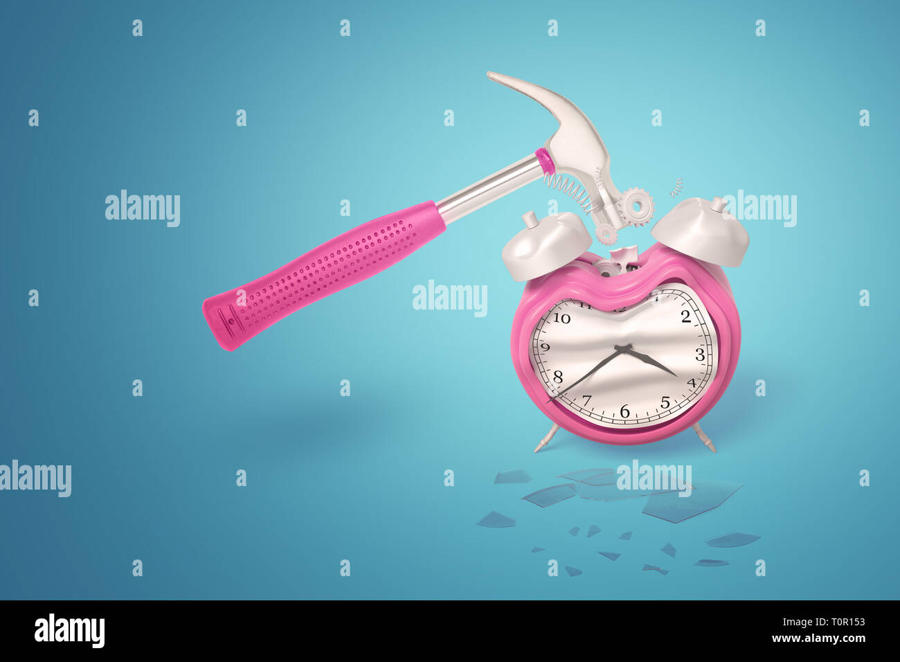3d rendering of a metal hammer with a pink handle crashing a pink alarm clock on a blue background. Stock Photo
