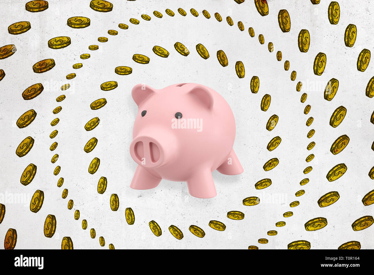 3d rendering of pink piggy bank with golden coins arranged in circles ...