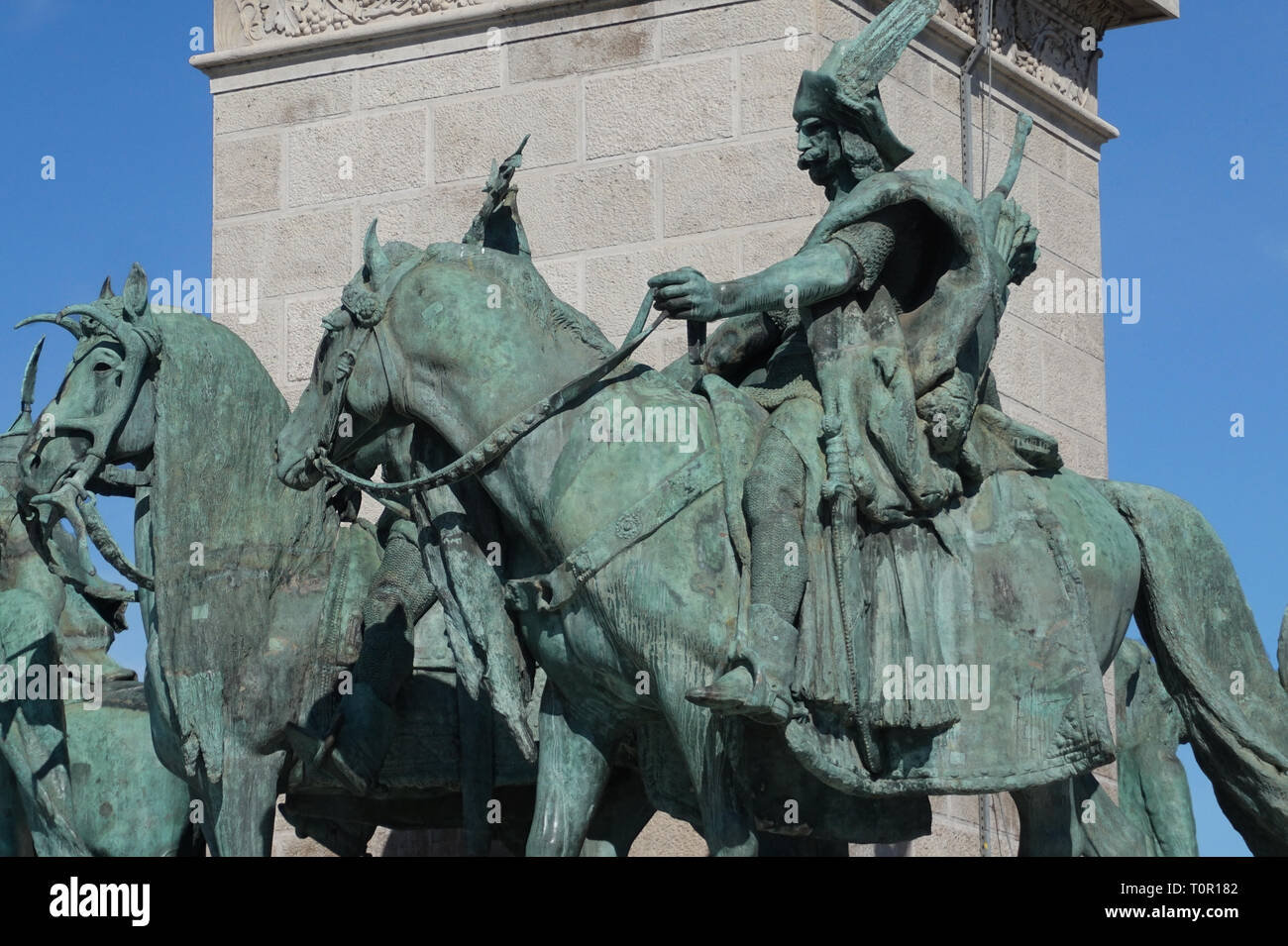 Statue Tas of Seven Chieftains of the Magyars and Horses in Heroes Square Budapest Hungary Stock Photo