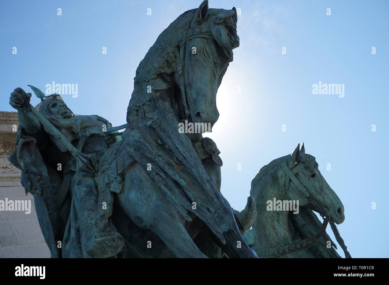 Statue Arpad of Seven Chieftains of the Magyars and Horses in Heroes Square Budapest, Hungary Stock Photo