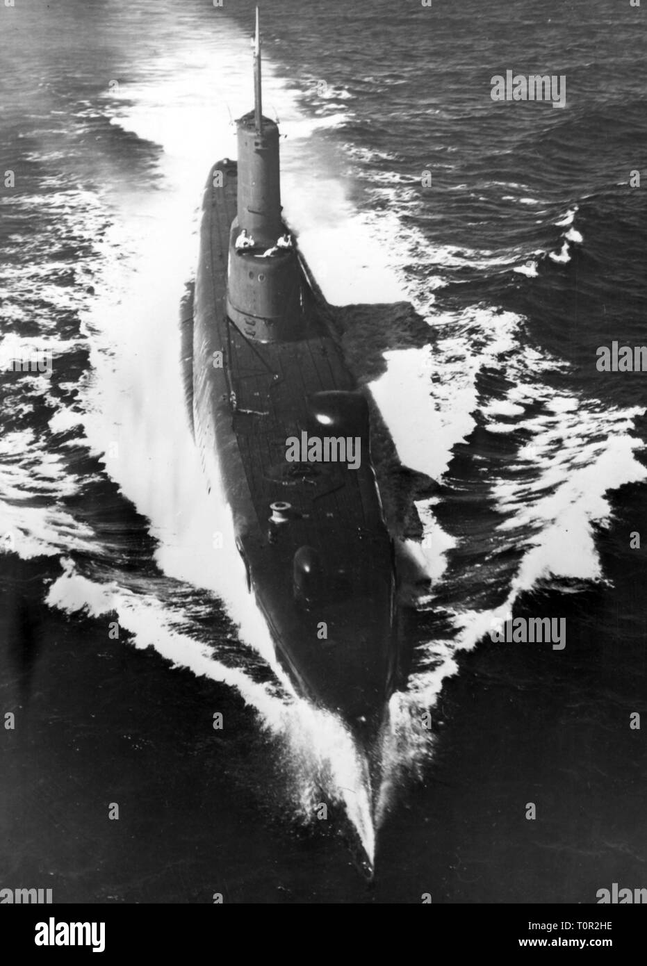transport / transportation, navigation, warship, submarine, USA, USS Becuna (SS-319), service with the 6th Fleet in the Mediterranean Sea, on the alert, 12.11.1956, SS319, Balao-class, Balao class, US navy, US Navy, naval forces, military, NATO, sea, seas, alarm, alarms, crisis, crises, Hungary, 1950s, 50s, 20th century, people, transport, transportation, warship, warships, submarine, submarine boat, U-boat, submarines, submarine boats, U-boats, USA, United States of America, service, services, fleet, fleets, on the alert, red alert, historic, hi, Additional-Rights-Clearance-Info-Not-Available Stock Photo