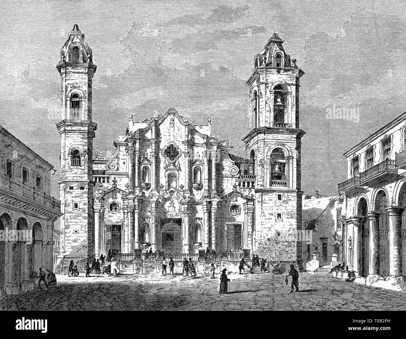 geography / travel, Cuba, cities and communities, Havana, churches, cathedral San Cristobal, Plaza de la Catedral, exterior view, wood engraving, late 19th century, city, Catholic Church, square, squares, architecture, Caribbean Islands, West Indies, Greater Antilles, Spanish colony, Spain, America, people, community, communities, Havana, La Habana, churches, church, cathedral, cathedrals, historic, historical, Additional-Rights-Clearance-Info-Not-Available Stock Photo