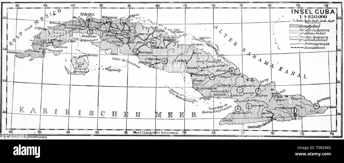 Cuban War of Independence 1895 - 1898, map, Geographische Anstalt Wagner und Debes, Leipzig, circa 1897, Cuban wars of independence, wars, combat area, area controlled by the Spanish, area controlled by the rebels, insurrection, insurgency, rebellion, insurgencies, revolts, rebellions, in revolt, isle, islands, Caribbean Islands, West Indies, Greater Antilles, cartography, map printing, Spain, Spanish colony, colonial war, 19th century, war of independence, wars of independence, historic, historical, Additional-Rights-Clearance-Info-Not-Available Stock Photo