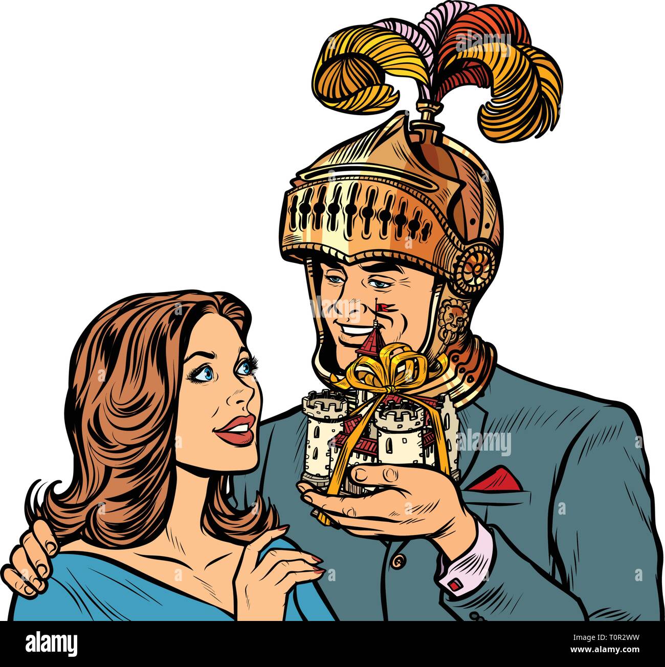 man knight gives a woman a castle. isolate on white background. Pop art retro vector illustration drawing kitsch vintage Stock Vector