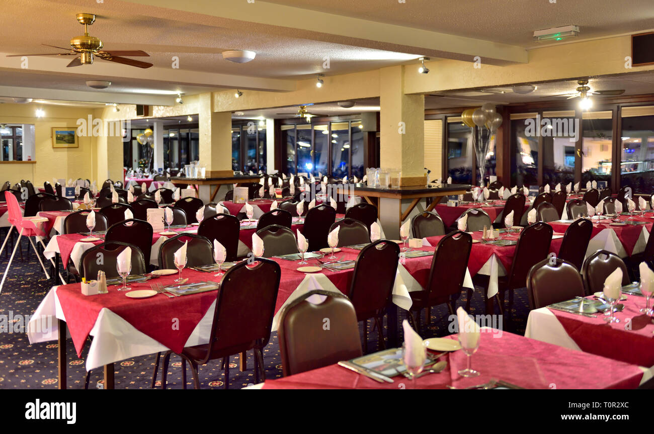 Inside the hotel dining room at Manor House Hotel, Devon, UK Stock Photo