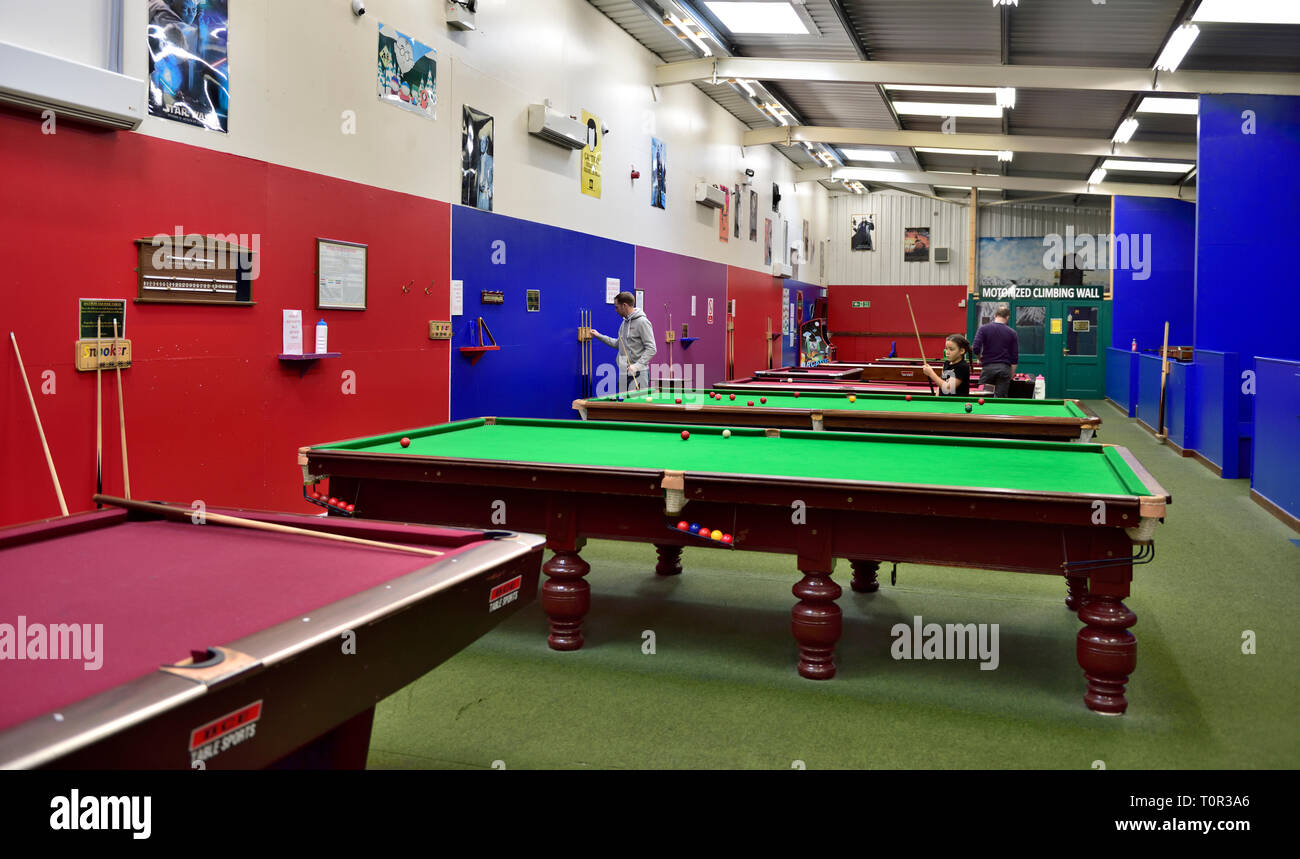 Snooker, billiards and pool games room in Manor House Hotel, Devon, UK Stock Photo