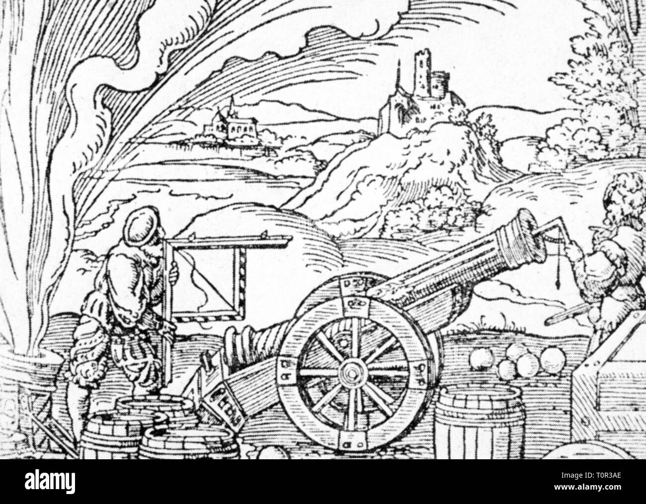 military, artillery, gun, adjusting of a fieldpiece with goniometer and perpendicular, woodcut, circa 1550, Artist's Copyright has not to be cleared Stock Photo