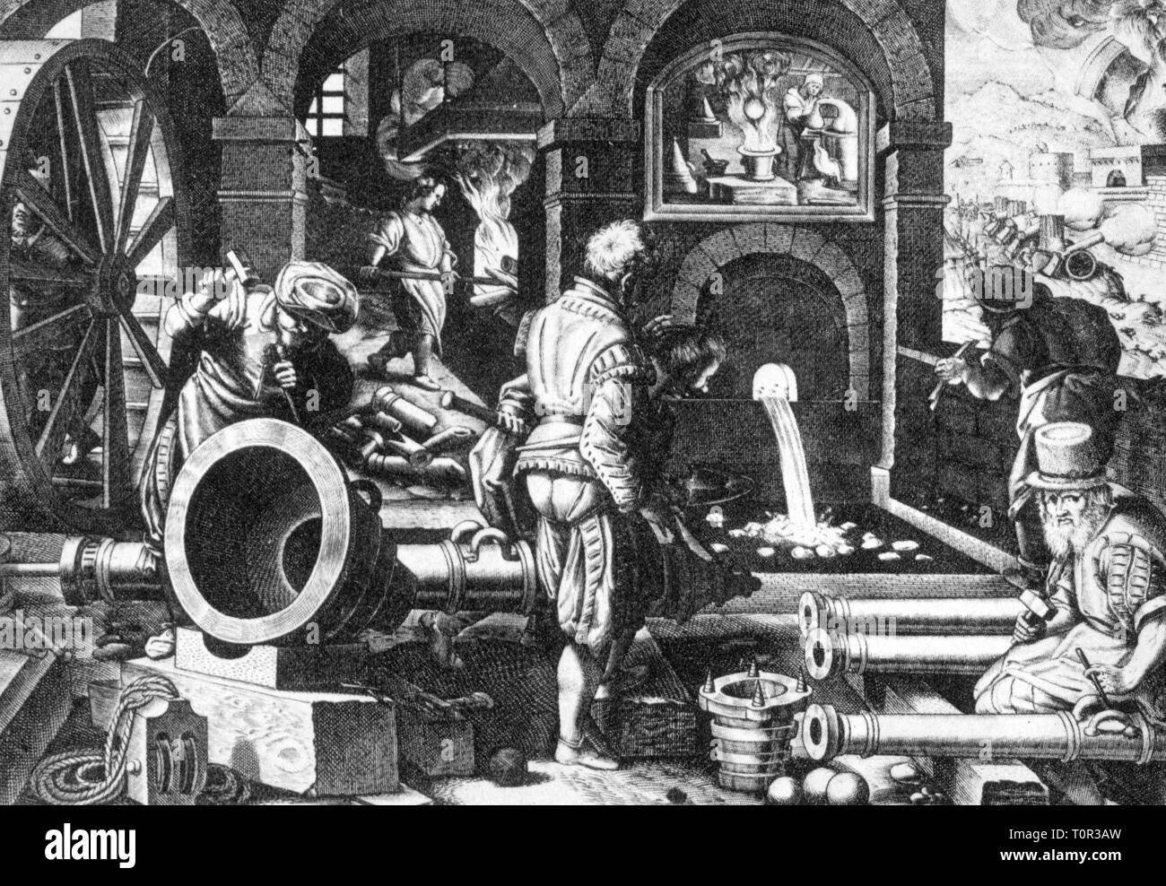 industry, arms industry, gun foundry, copper engraving by Philipp Galle to 'Nova Reperta' of Giovanni Stradano, Florence, circa 1590, Artist's Copyright has not to be cleared Stock Photo