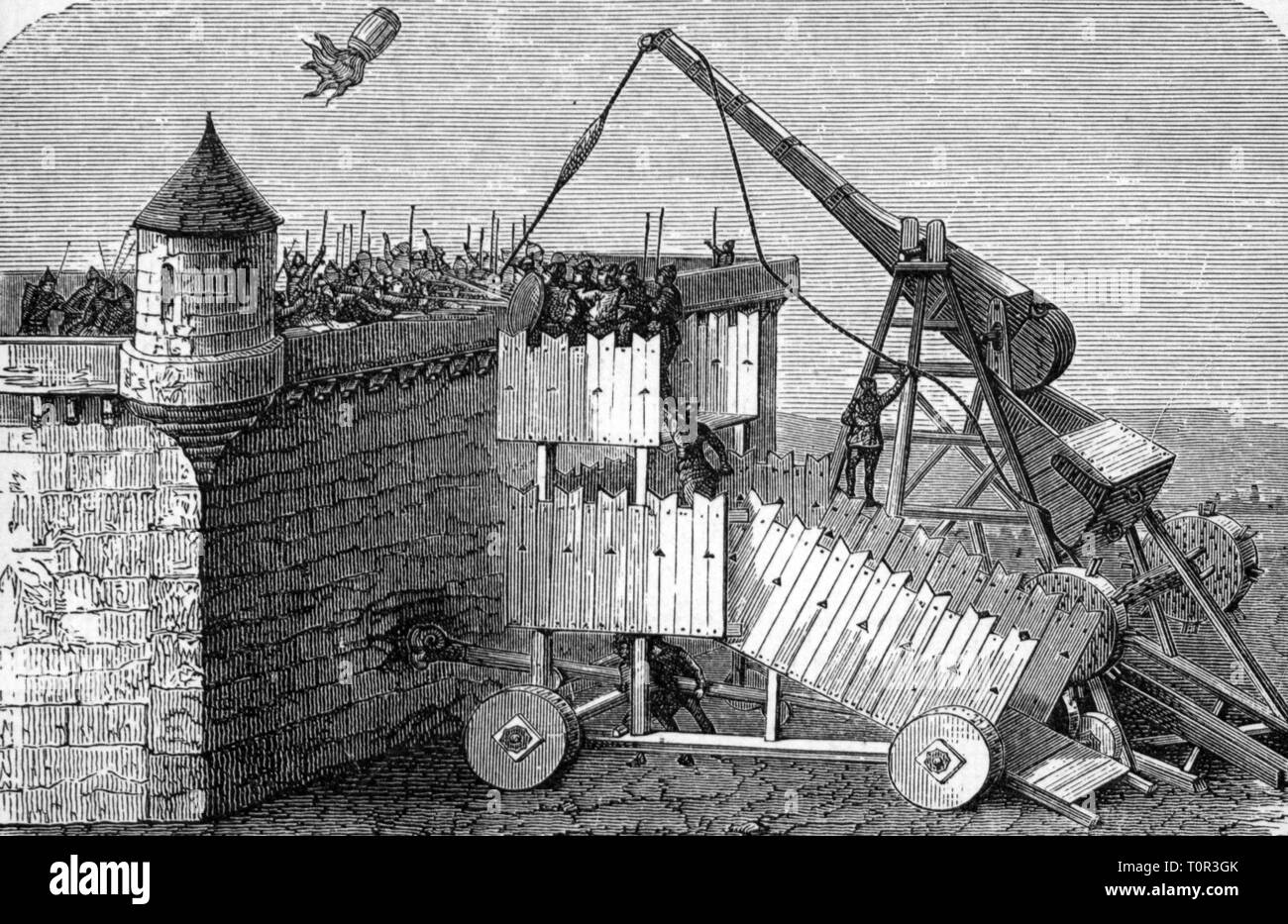 military, Middle Ages, siege engine, mobile siege tower with ram bow and Trebuchet, 13th - 14th century, wood engraving, 19th century, siege, sieges, castle, castles, city, siege engine, ramp, ramps, tower, towers, tamper, rammer, ramming bar, bulling bar, tampers, rammers, ramming bars, bulling bars, catapult, catapults, throwing circle, throwing circles, trap, missile, missiles, throw missiles on the pitch, Greek fire, machine, machines, machinery, technics, technologies, war, wars, military technology, war technique, people, ram bow, battering, Additional-Rights-Clearance-Info-Not-Available Stock Photo