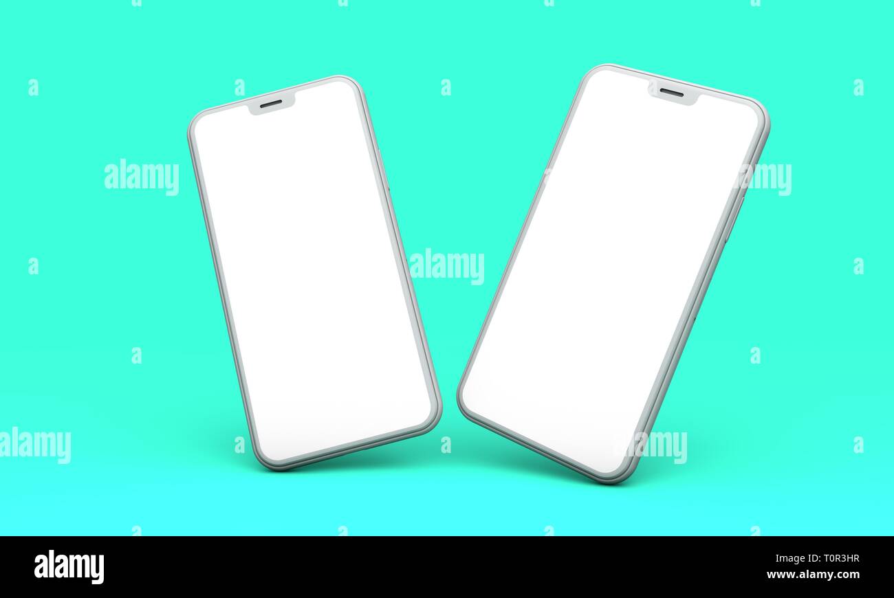 Smartphone mockup with blank white screen on a green background. 3D ...