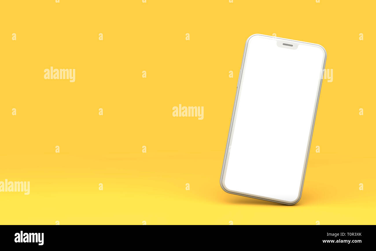 Smartphone mockup with blank white screen on a yellow background. 3D ...