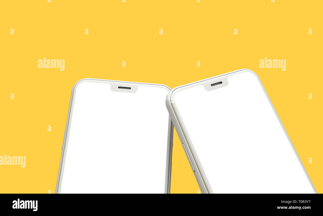 Smartphone mockup with blank white screen on a yellow background. 3D ...