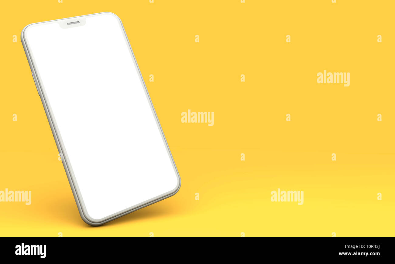 Smartphone mockup with blank white screen on a yellow background. 3D ...