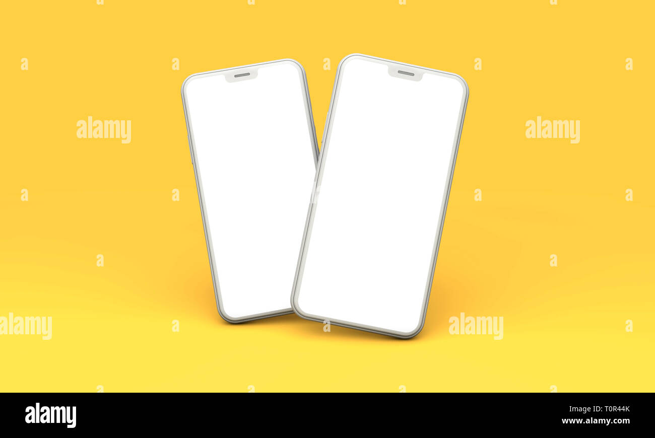 Smartphone mockup with blank white screen on a yellow background. 3D ...