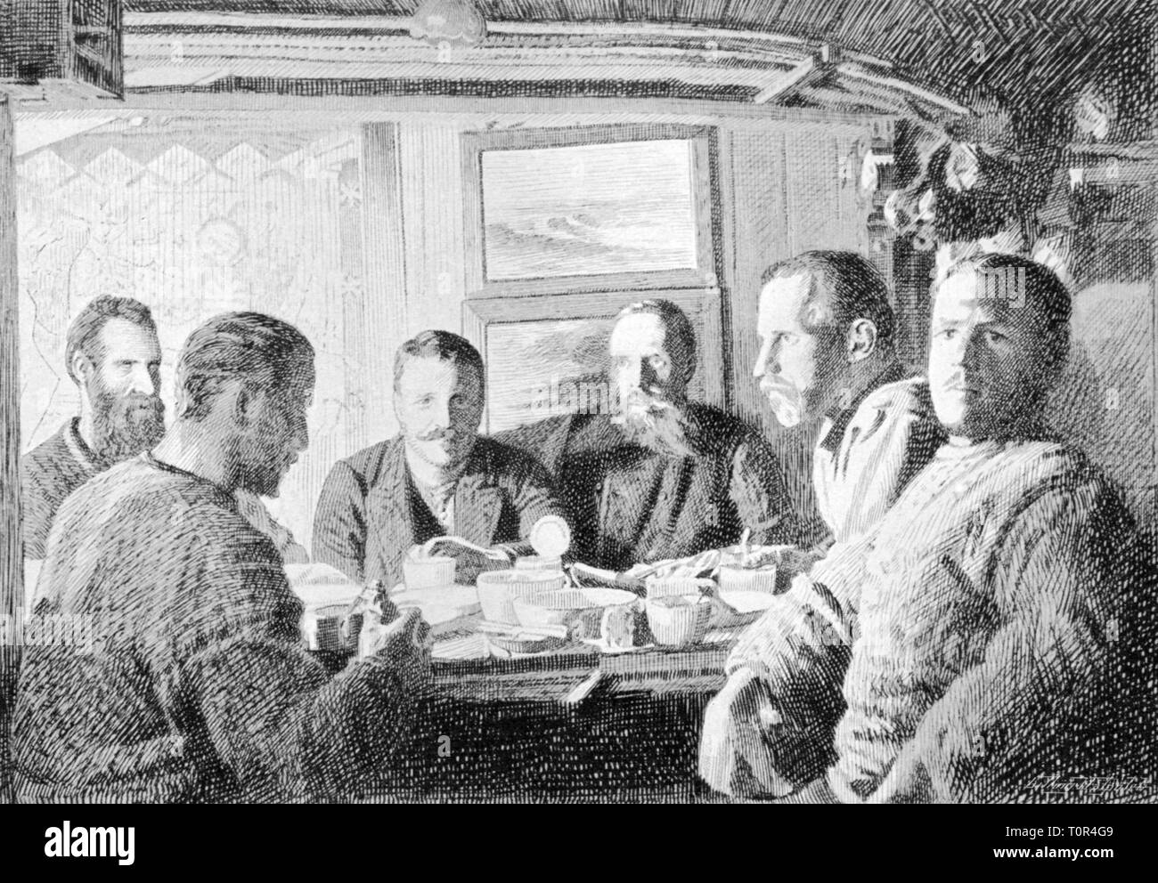 expedition, polar expedition, Fram expedition 1893 - 1896, participants of the expedition having meal, group picture, from: Fridtjof Nansen, 'In Nacht und Eis', volume I, Leipzig, 1897, 19th century, expedition report, report, reports, travel, travels, research, discovery, discoveries, participant, participants, members, member, seaman, sailor, seamen, sailors, officer, officers, crew, crews, meal, meals, eating, eat, table, tables, graphic, graphics, polar expedition, polar expeditions, expedition, expeditions, historic, historical, man, men, ma, Additional-Rights-Clearance-Info-Not-Available Stock Photo