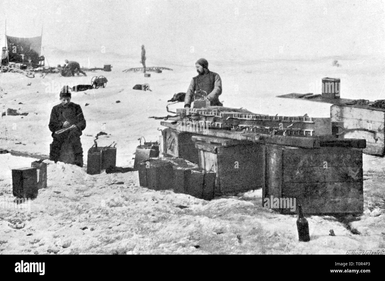 expedition, polar expedition, Fram expedition 1893 - 1896, cleaning the rechargeable batteries of the 'Fram', from: Fridtjof Nansen, 'In Nacht und Eis', volume I, Leipzig, 1897, 19th century, expedition report, report, reports, travel, travels, research, discovery, discoveries, participant, participants, members, member, crew, crews, works, working, repair, repairing, maintenances, maintain, service, maintaining, cleansing, cleanup, cleaning, clean, energy supply, power supply, supply of energy, energy, energies, half length, standing, maintenanc, Additional-Rights-Clearance-Info-Not-Available Stock Photo