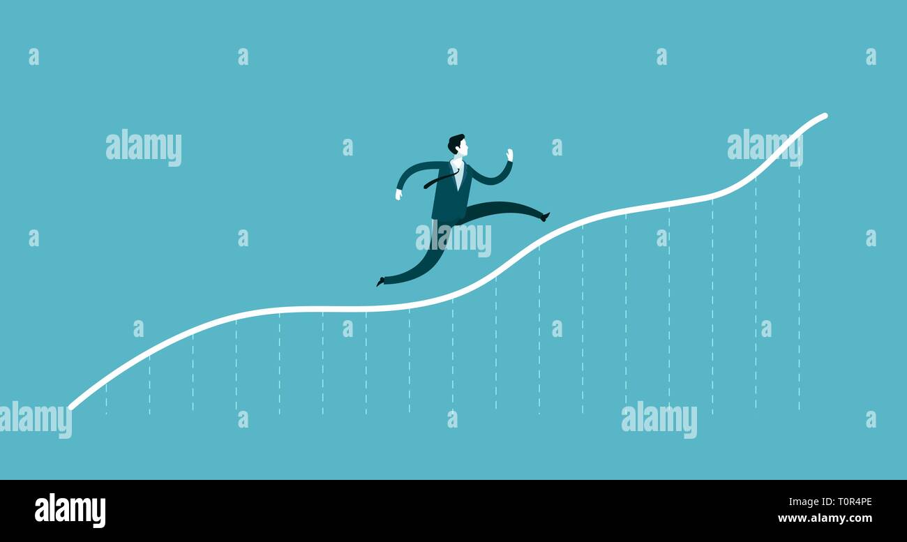 Businessman running up a growing chart. Success, business concept. Infographics vector Stock Vector