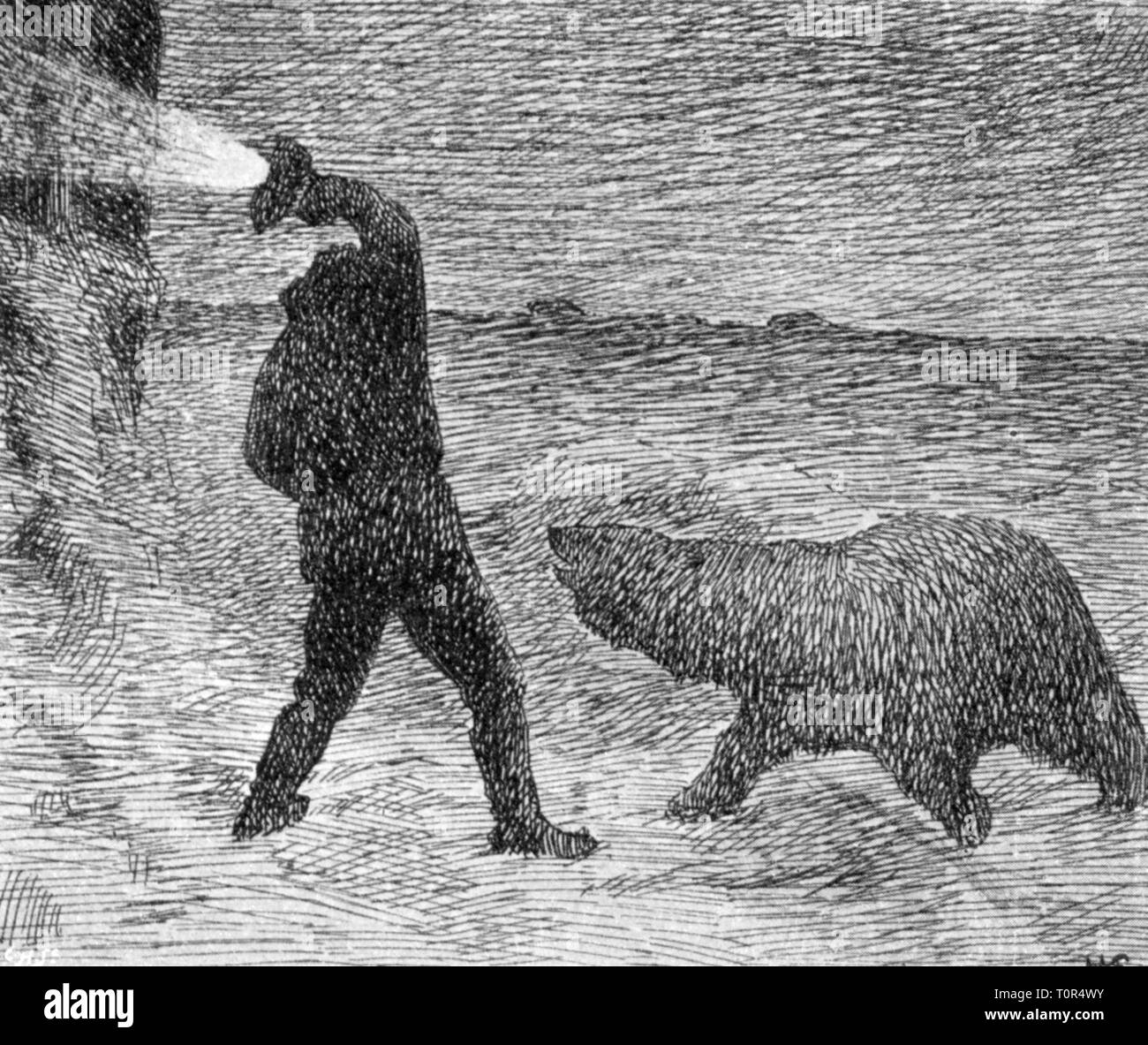 expedition, polar expedition, Fram expedition 1893 - 1896, Peter Henriksen fighting against a polar bear with a lantern, from: Fridtjof Nansen, 'In Nacht und Eis', volume I, Leipzig, 1897, 19th century, expedition report, report, reports, travel, travels, research, discovery, discoveries, participant, participants, member, members, full length, standing, animal, animals, predator, beast of prey, carnivore, predators, beasts of prey, carnivores, fights, fighting, fight, danger, dangers, polar expedition, polar expeditions, lantern, lamp, lanterns,, Additional-Rights-Clearance-Info-Not-Available Stock Photo